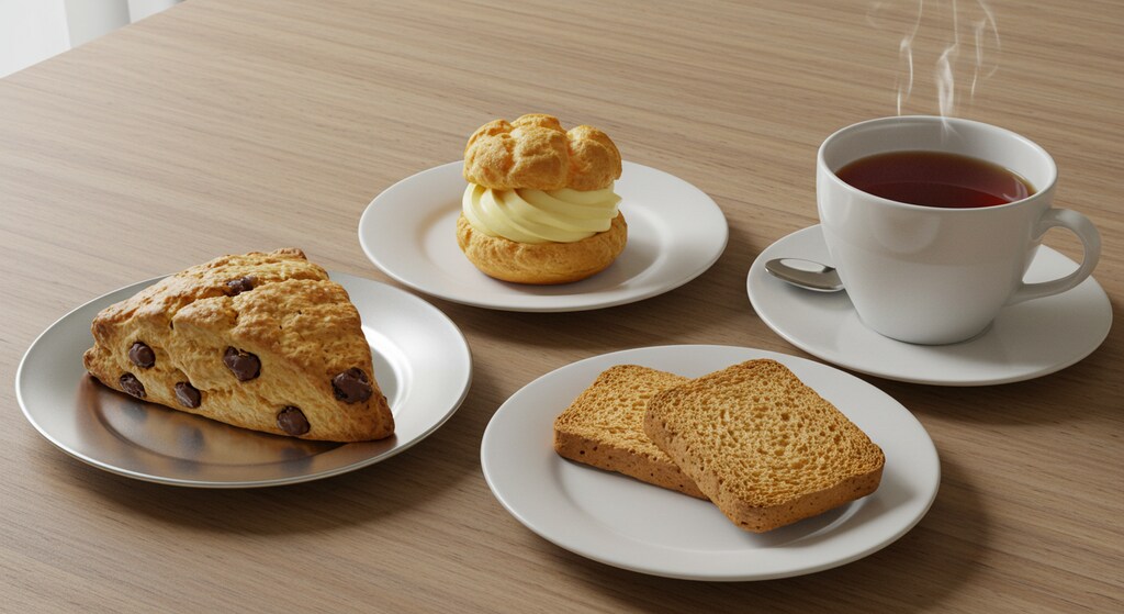 デザートのチョコチップスコーンとシュークリームとラスクと紅茶のセット