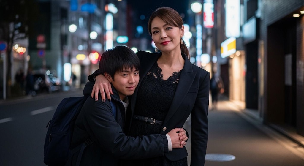 深夜の東京、二人の関係性が気になる年の差カップル。