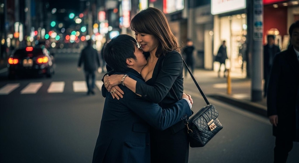 深夜の東京、二人の関係性が気になる年の差カップル。