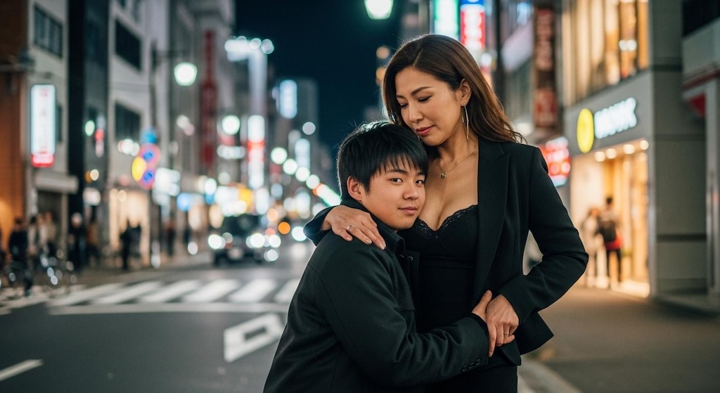 深夜の東京、二人の関係性が気になる年の差カップル。