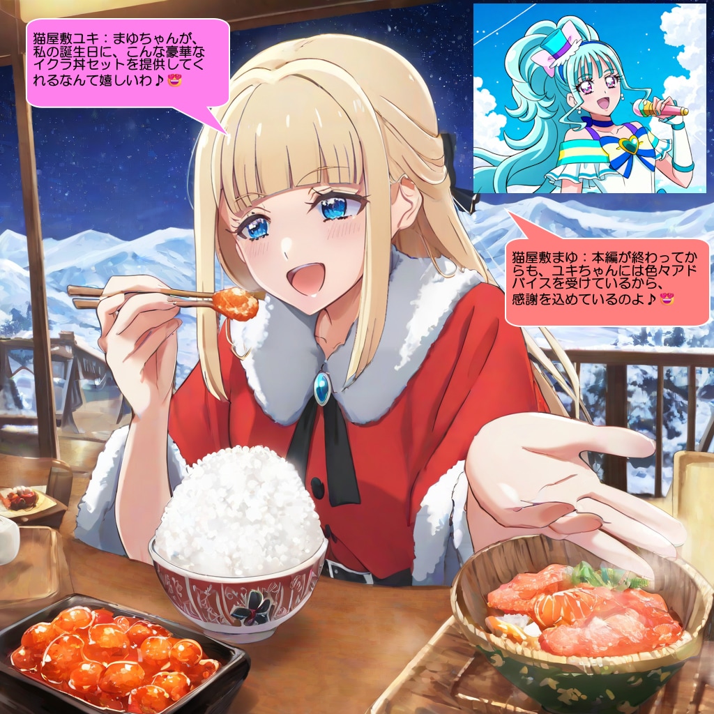 猫屋敷ユキ、イクラ丼を食べながら会話をする