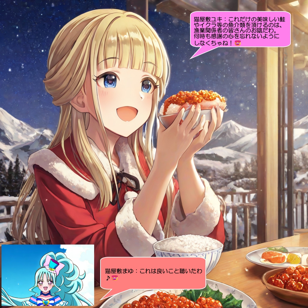 猫屋敷ユキ、イクラ丼を食べながら会話をする