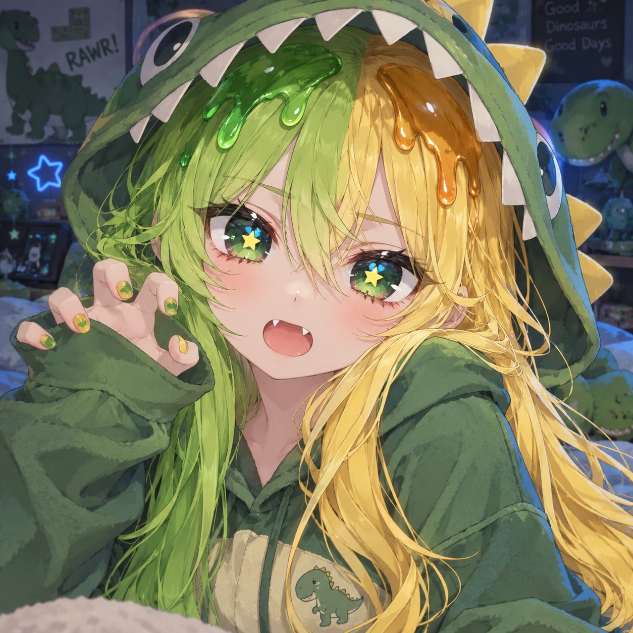 恐竜パーカーを着た頭にカラメルがかかったツートンカラーの女の子 | の人気AIイラスト・グラビア