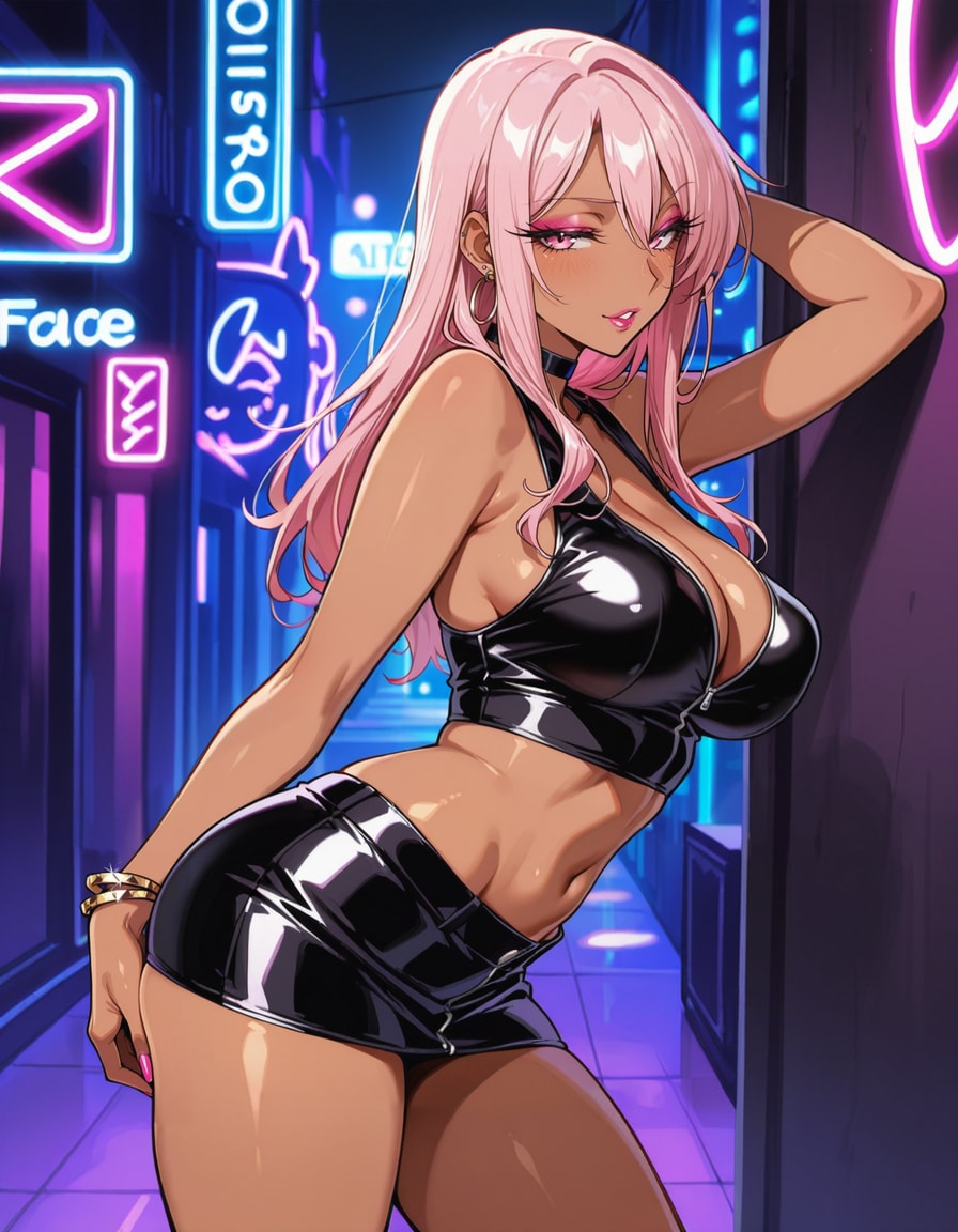 ネオン街のピンク髪お姉さん
