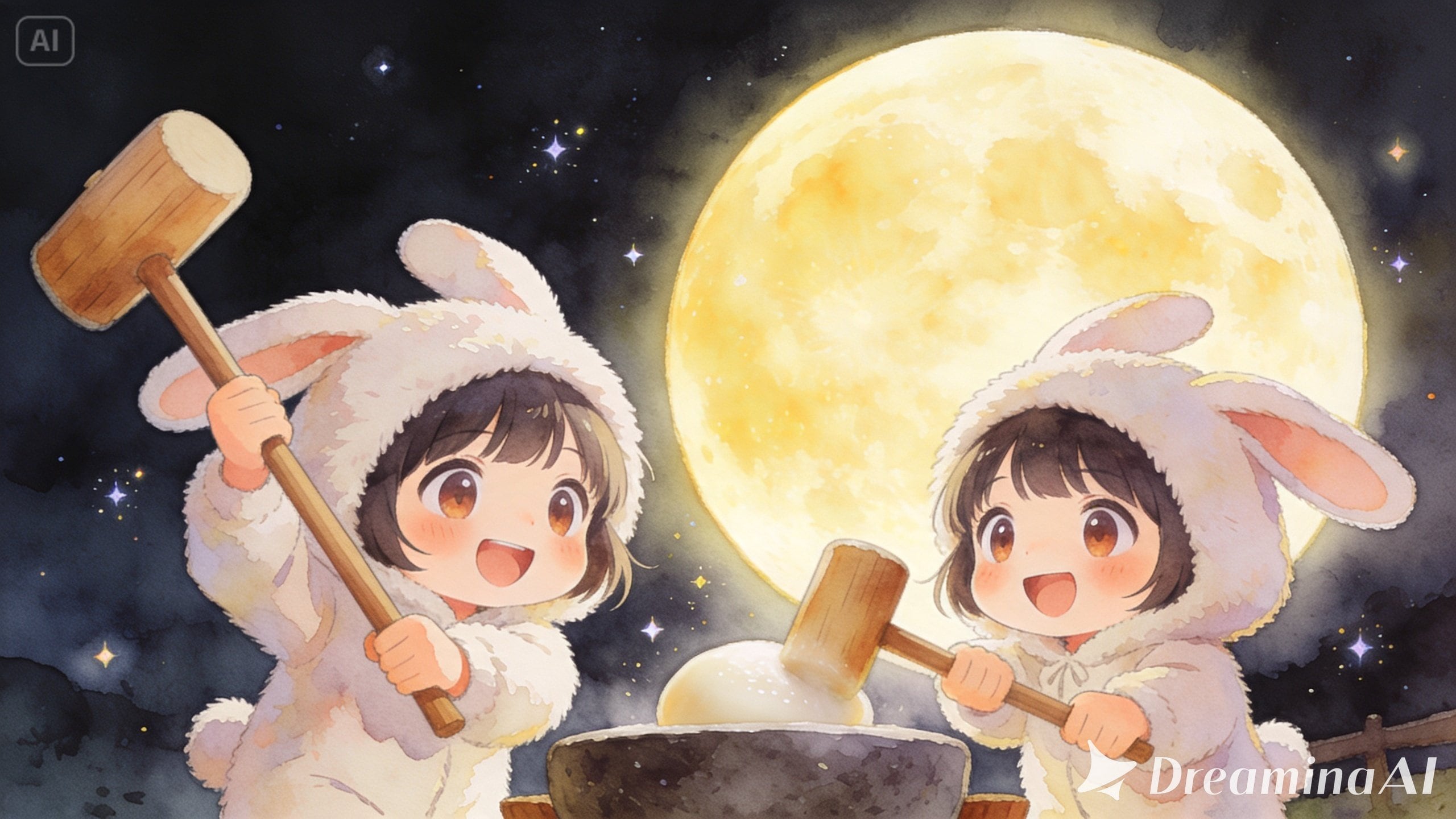 【月明かりに照らされて】餅つき１ | の人気AIイラスト・グラビア
