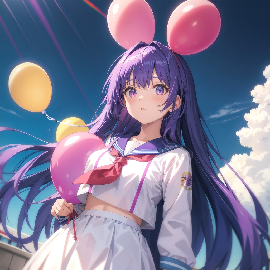 いっぱい色とりどりの風船を持つ紫髪ロングのセーラー服着た美少女