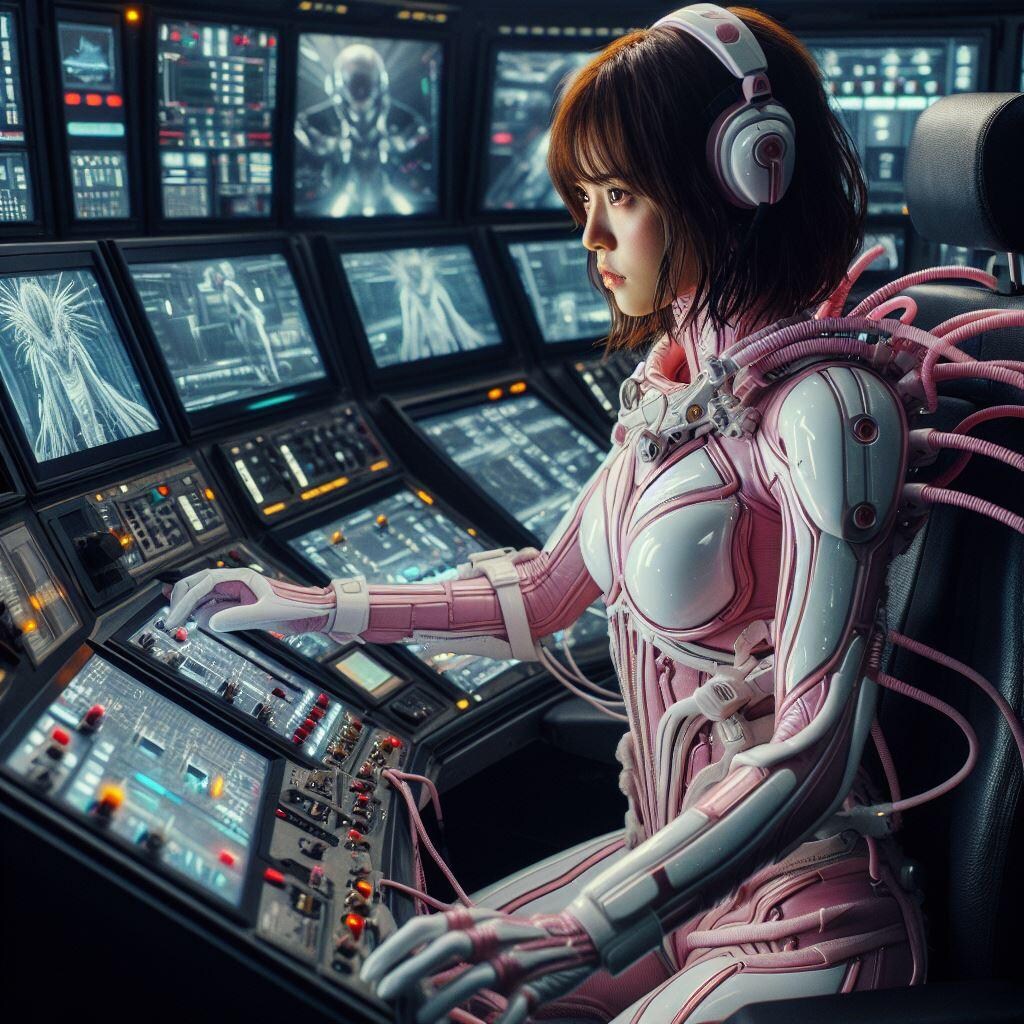 美人のお姉さんが操縦するスーパーロボットのコックピット