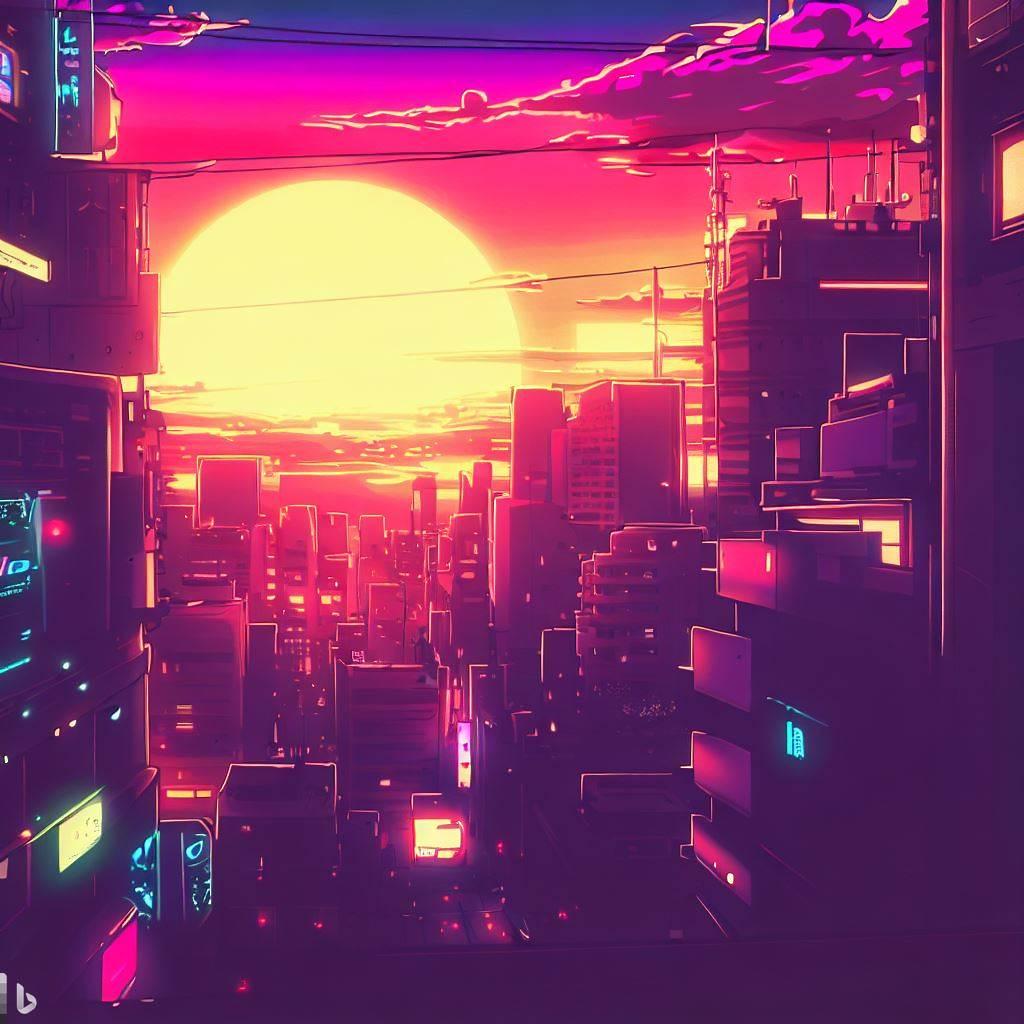サイバーパンクな都市の夕焼け