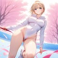 桜の下でパーカー長袖ハイレグレオタード姿の金髪ショート新体操美少女 3枚目
