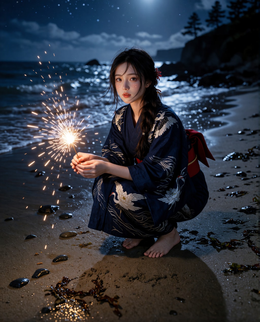 夜の海岸で花火