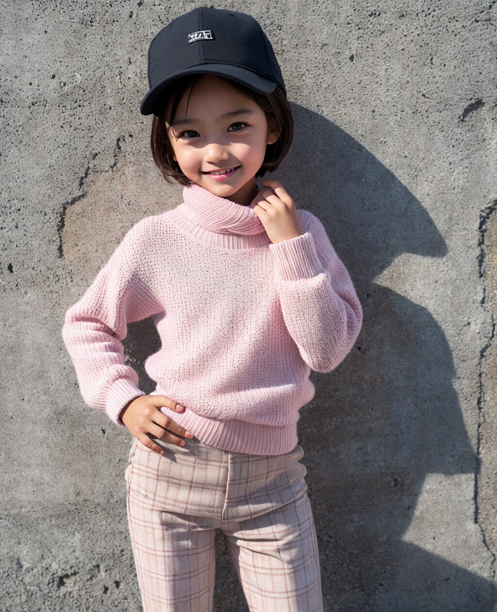 ピンクのセーターに合わせたコーデ　ショートヘアー