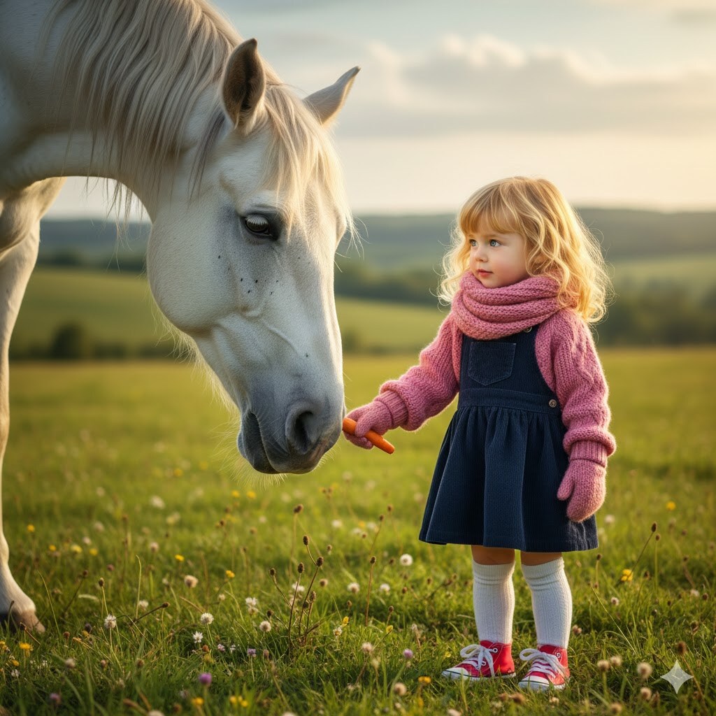 馬に人参をあげる女の子