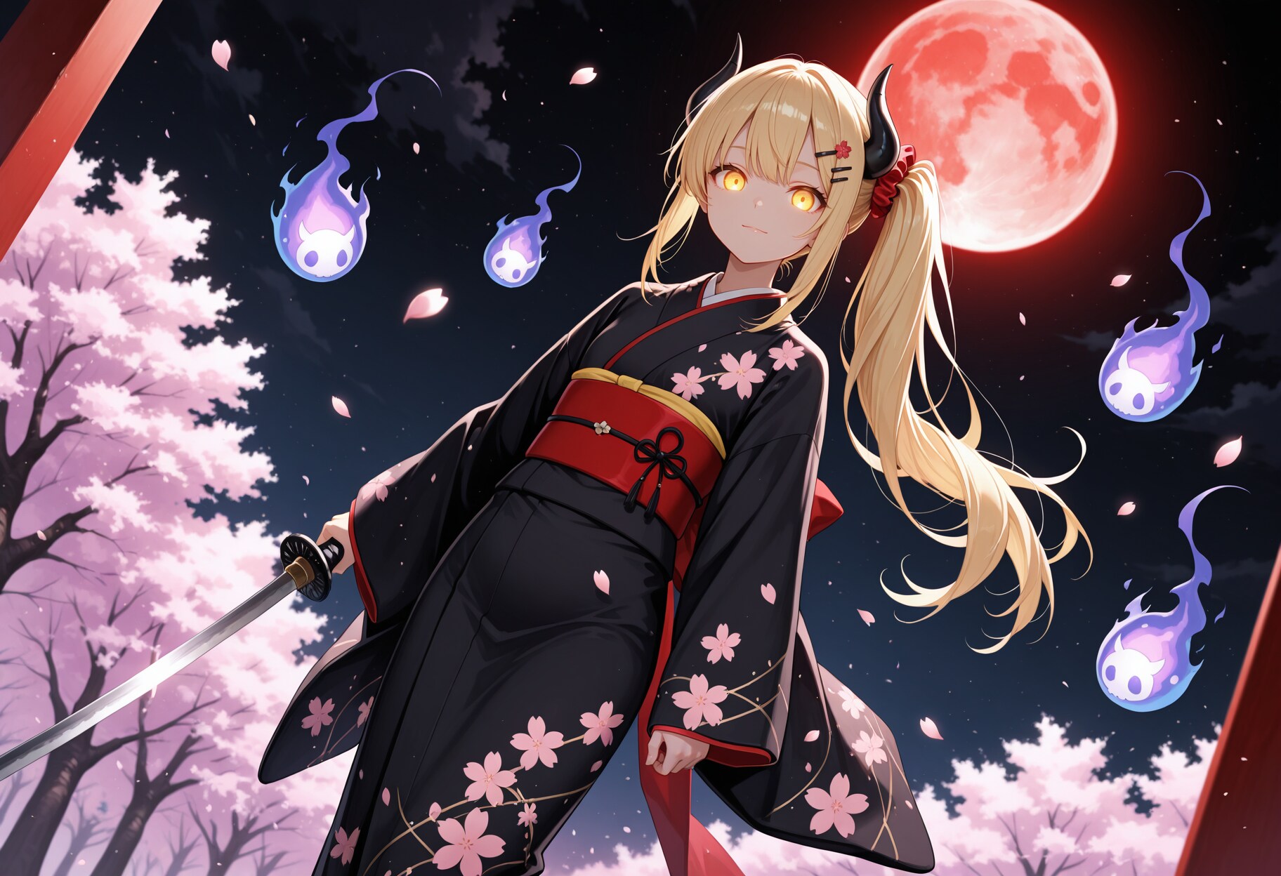 鬼火と赤い月の夜桜と着物女鬼高生さん