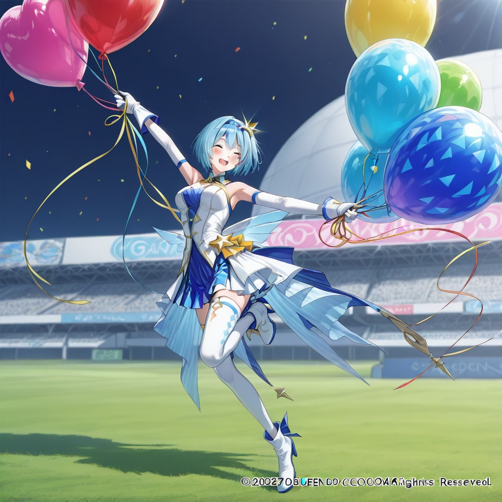 色とりどりの風船を持つ青い髪ショートカットの美女アナウンサー | の人気AIイラスト・グラビア