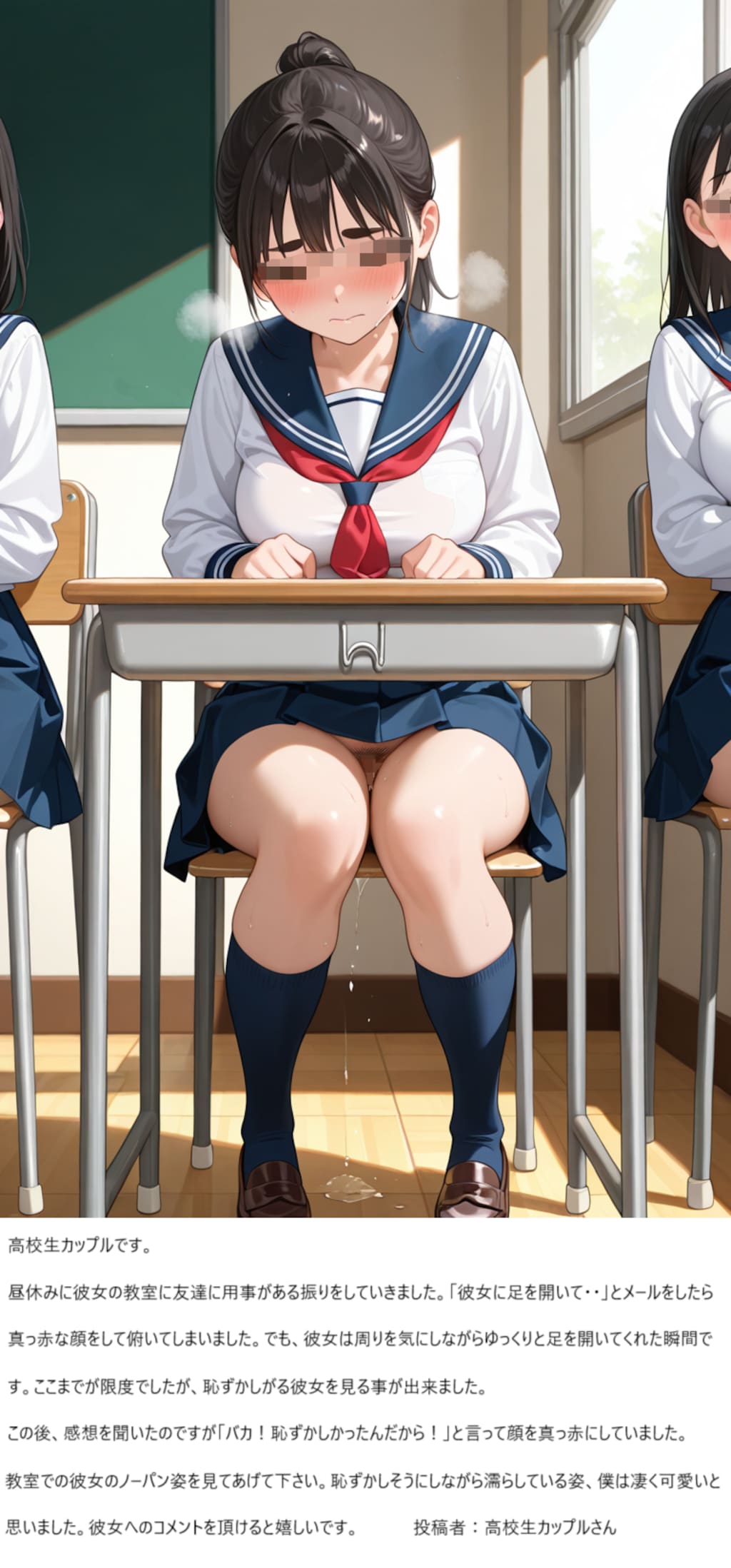 ⑪性癖/足を硬く閉じている‥彼が教室に来て友達と話している‥メール？えっ‥そんな‥いや‥翔君だめっ‥でも‥足をゆっくりと開く‥あぁ‥ハぁ‥見られちゃう‥あぁ‥誰かに見られちゃう‥私‥穿いてない‥の‥