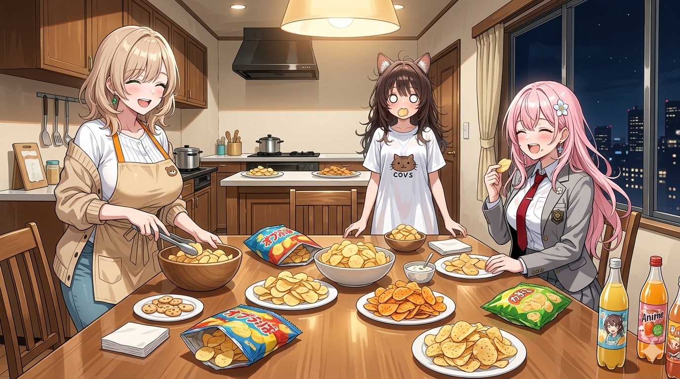 柚木さんの家でポテチをご馳走になる愛花さんとダリ子さん | の人気AIイラスト・グラビア
