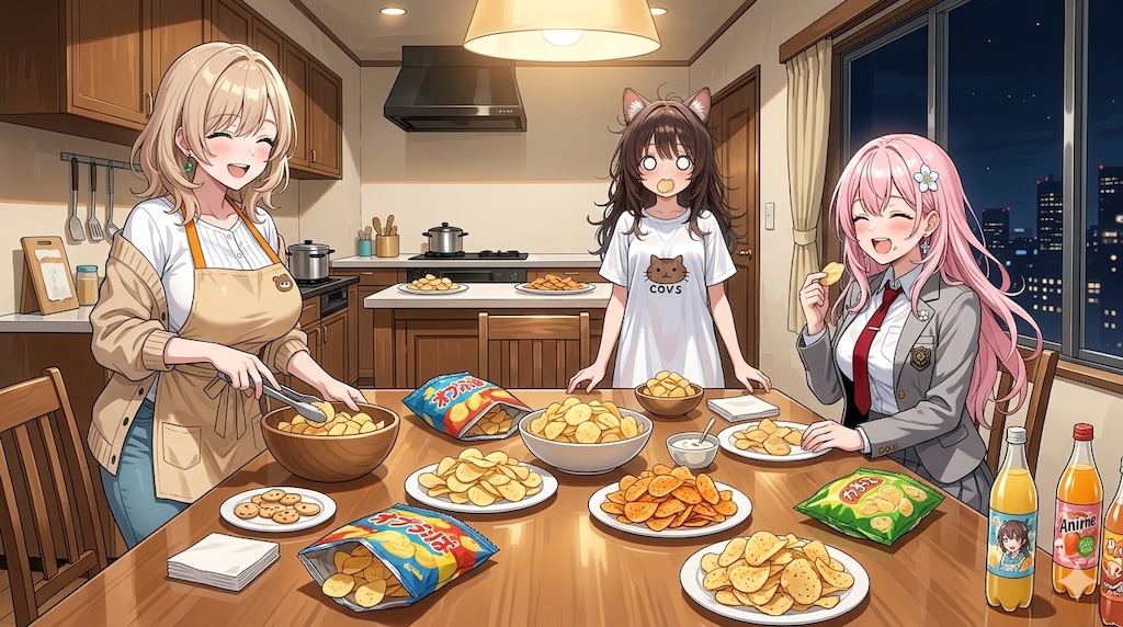 柚木さんの家でポテチをご馳走になる愛花さんとダリ子さん