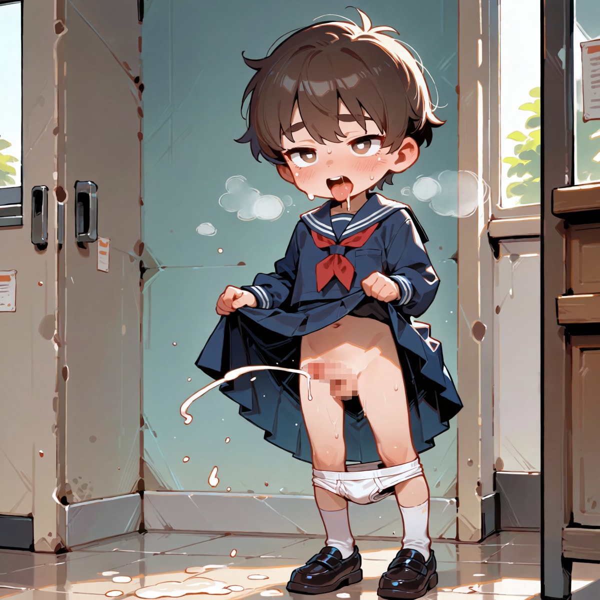 セーラー服からちんちんを露出する男の子ブリーフ半脱ぎで射精