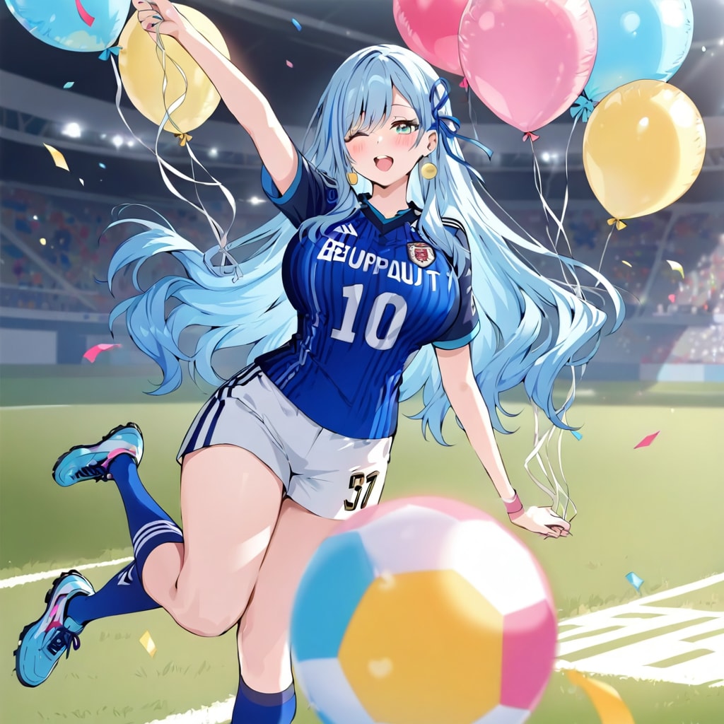 いっぱい色とりどりの風船を持つ青い髪ロングのサッカーユニフォーム着た美女