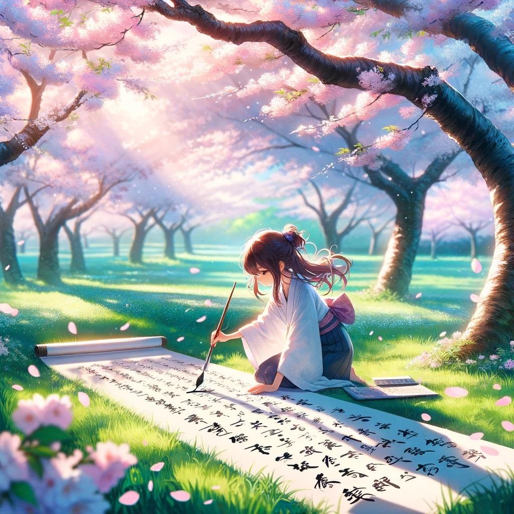 お花見中に書道
