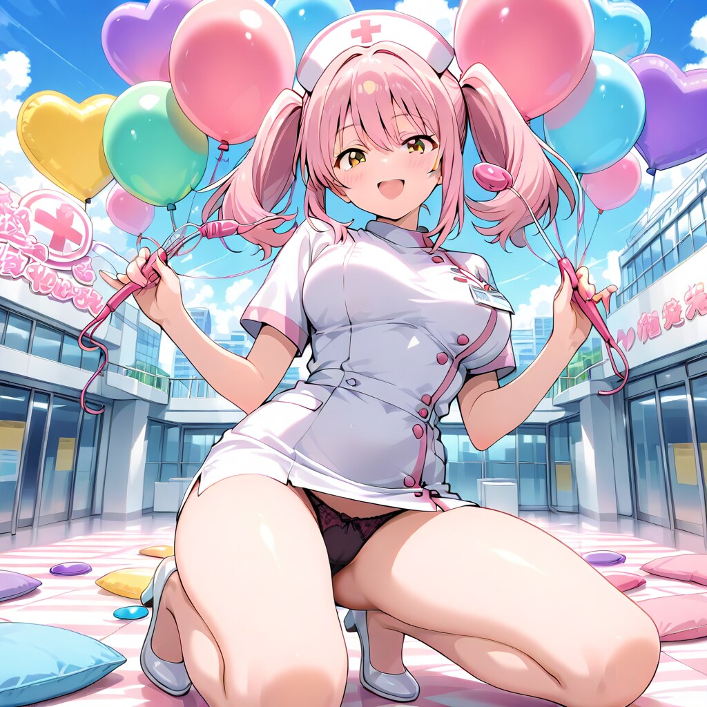 色とりどりの風船を持つピンク髪ショートカットのナース服着た美女