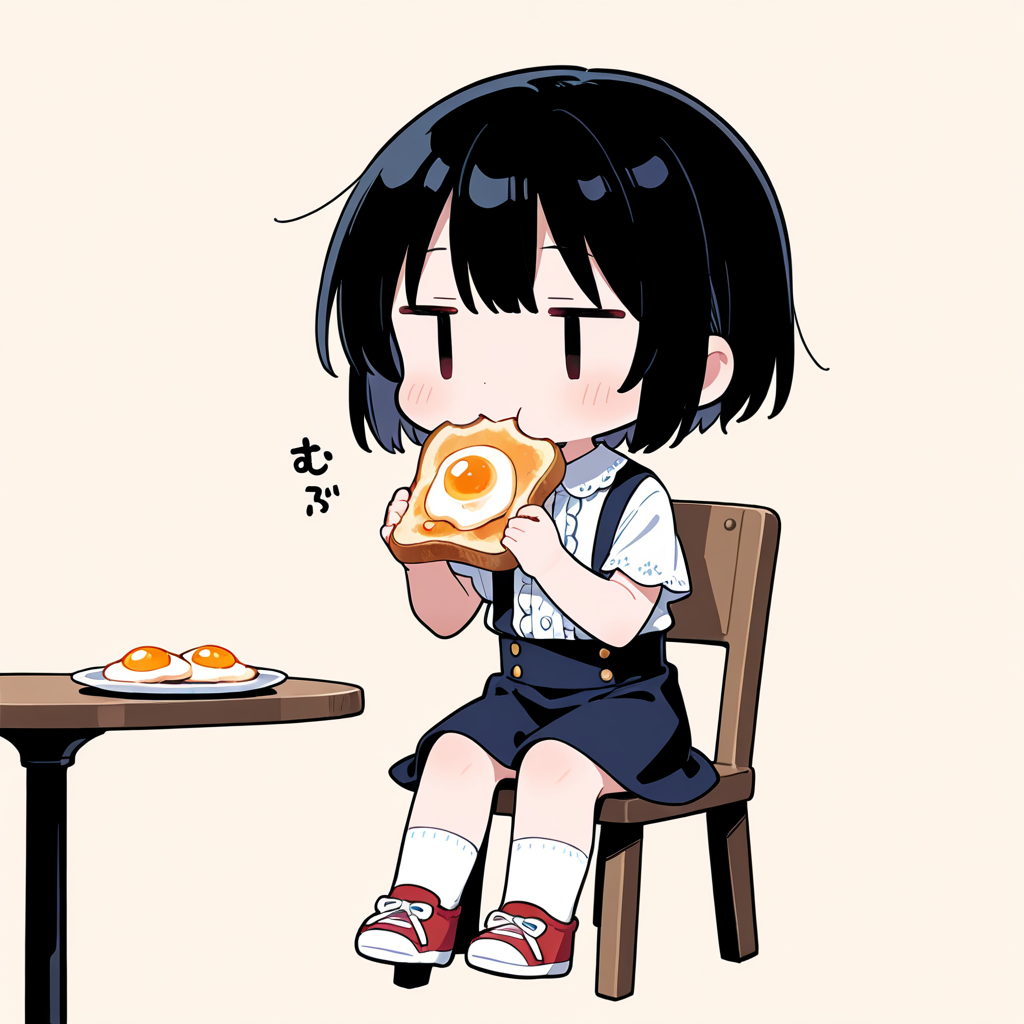 目玉焼き乗せトーストを食べる