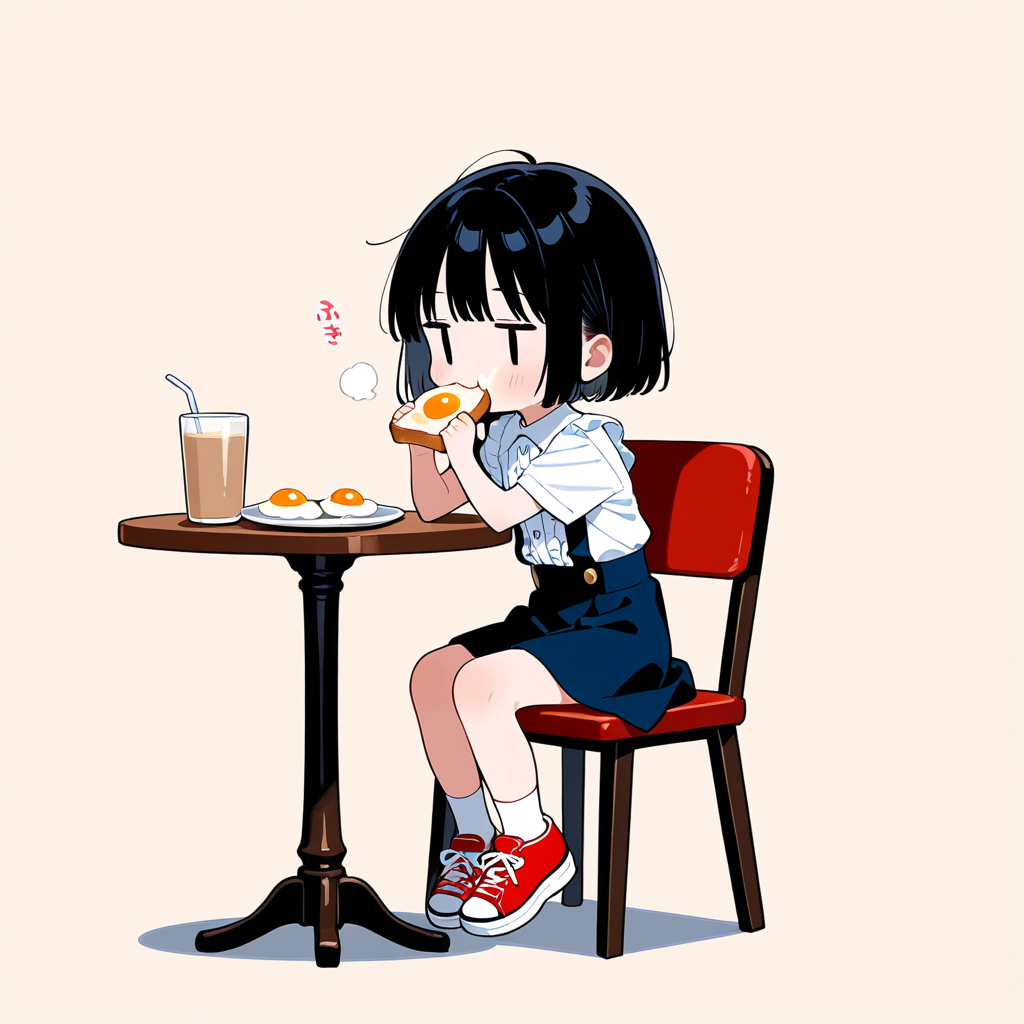 目玉焼き乗せトーストを食べる