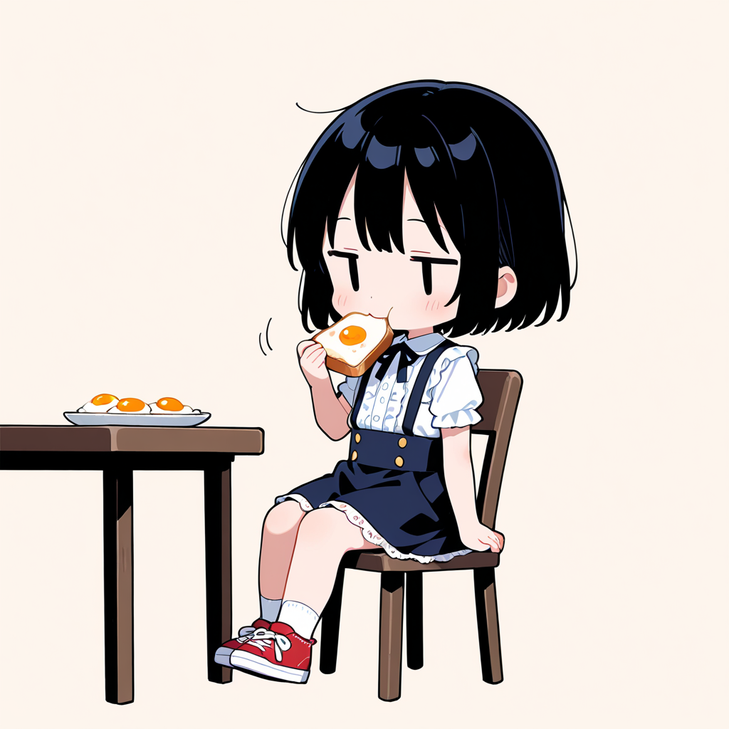 目玉焼き乗せトーストを食べる