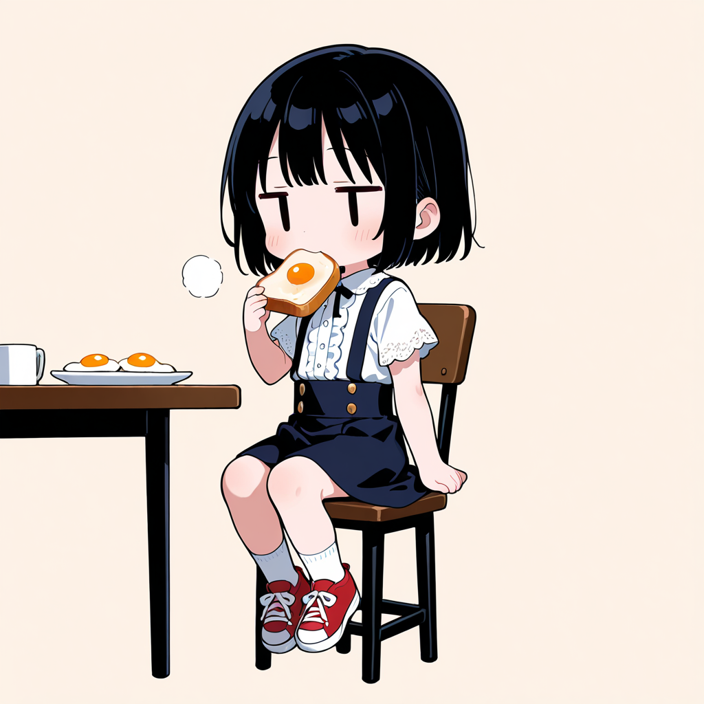 目玉焼き乗せトーストを食べる