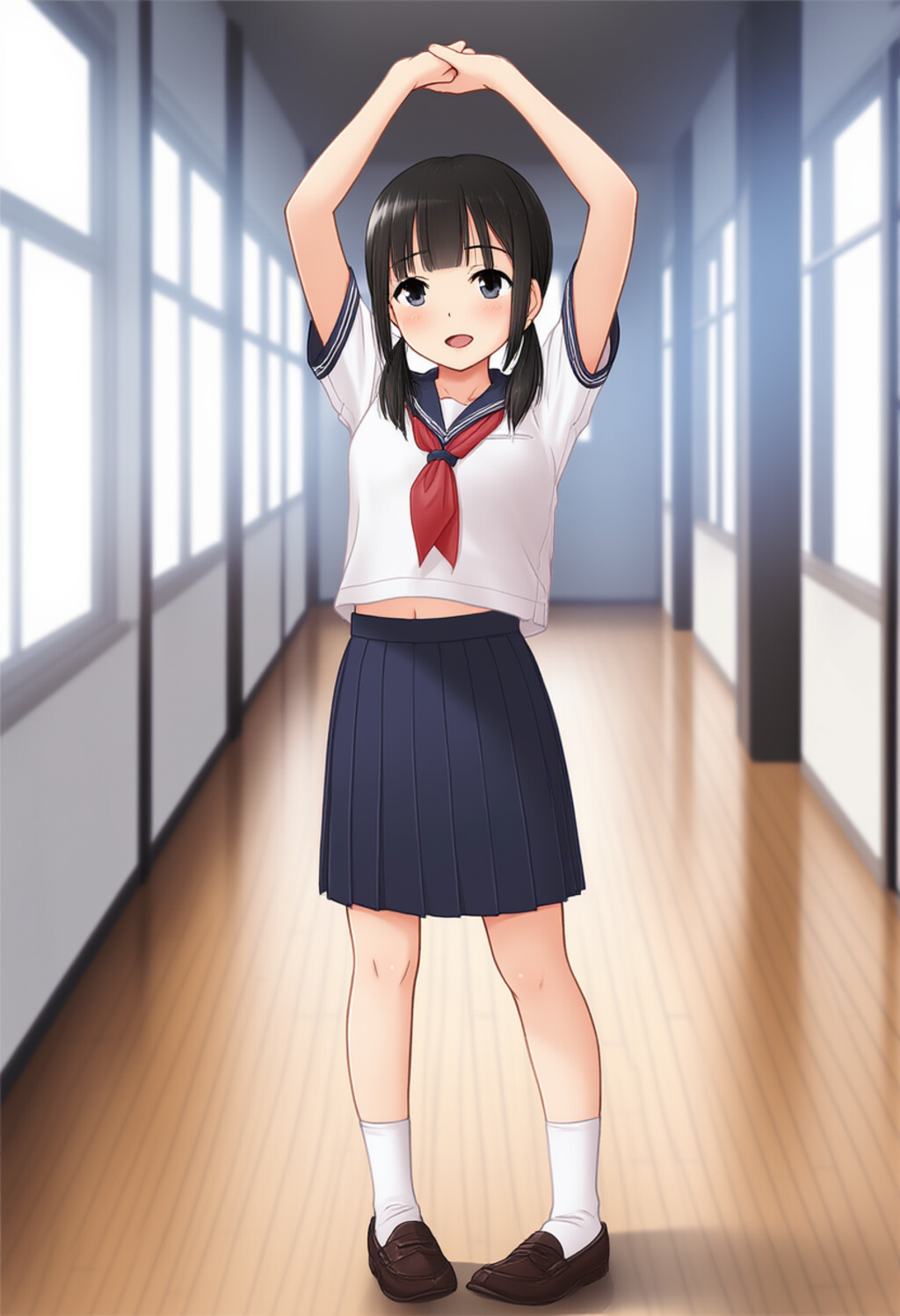 学校での一コマ 夏セーラー服、赤スカーフ