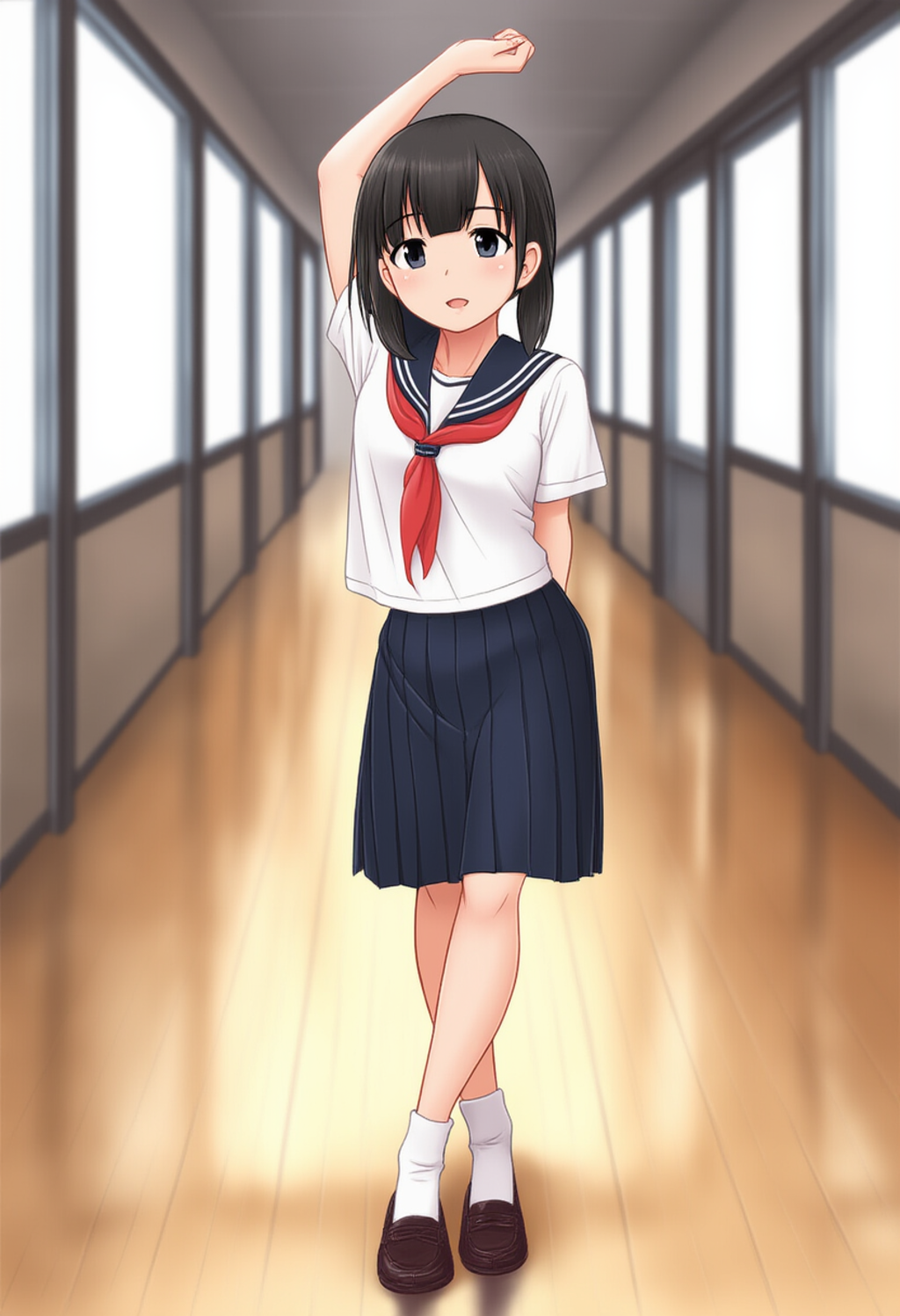 学校での一コマ 夏セーラー服、赤スカーフ