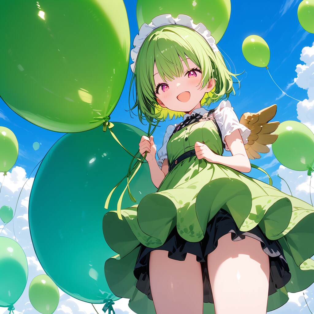 いっぱい緑色の巨大風船で遊ぶ緑髪ショートカットの天使 | の人気AIイラスト・グラビア