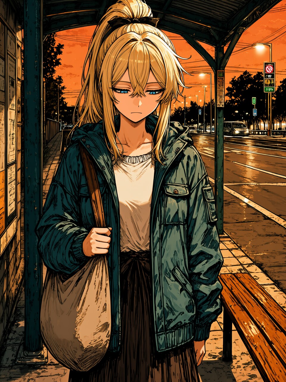 夕暮れのバス待ち | の人気AIイラスト・グラビア