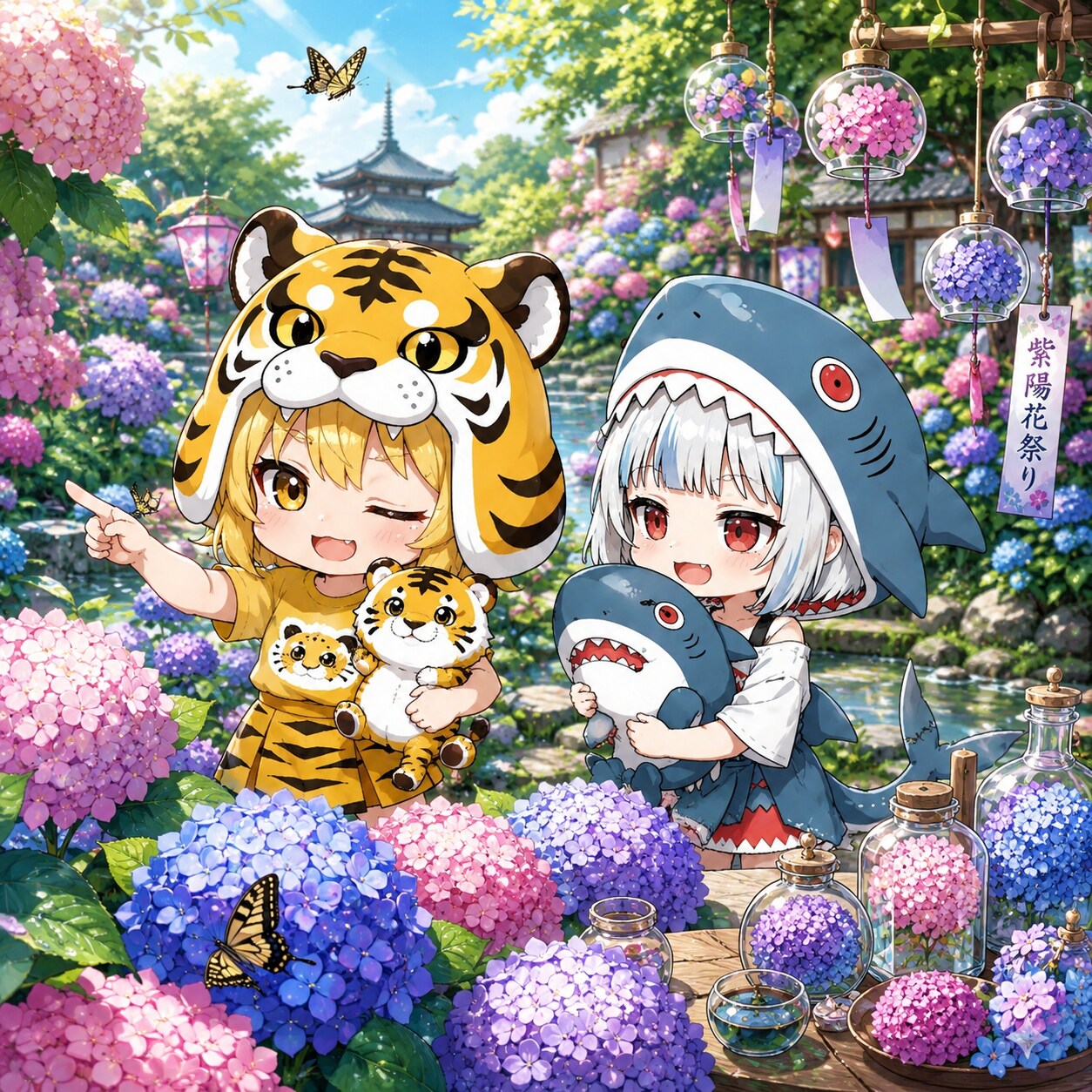 紫陽花祭りに行く虎娘ちゃんとサメ美ちゃん