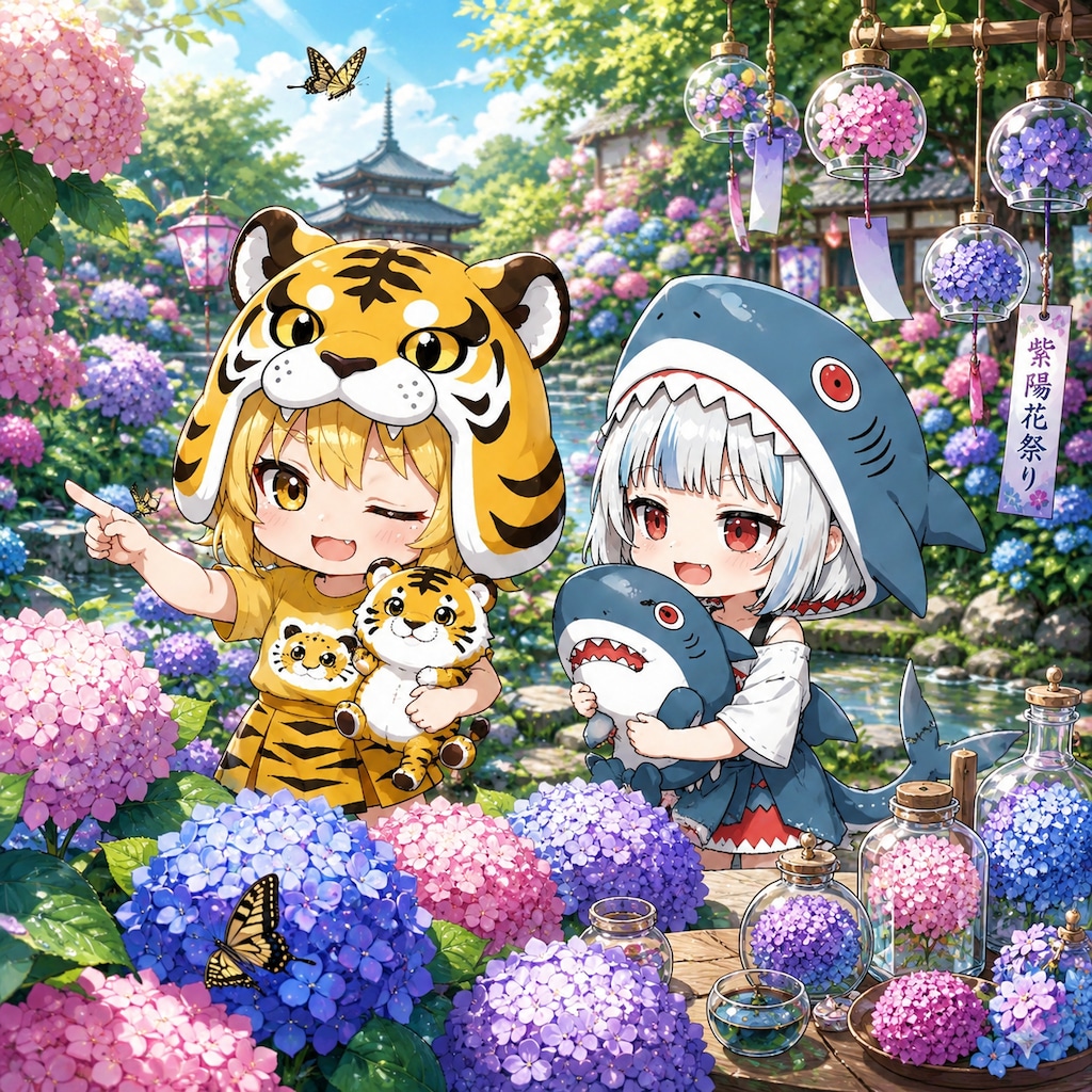 紫陽花祭りに行く虎娘ちゃんとサメ美ちゃん
