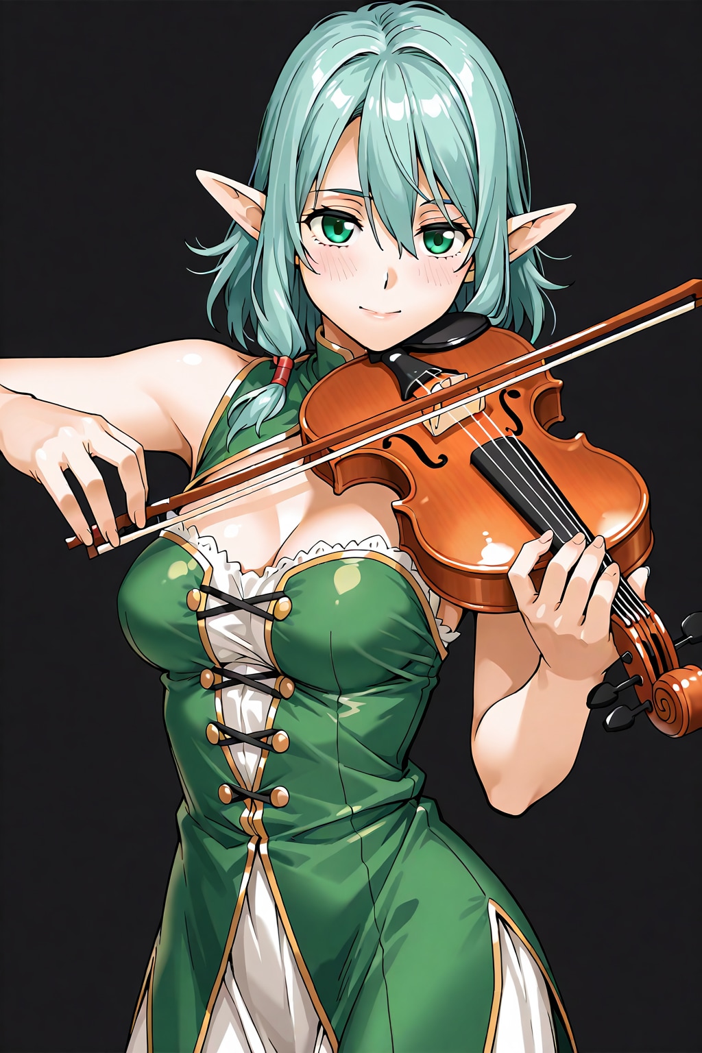 バイオリンを弾くエルフの美女。