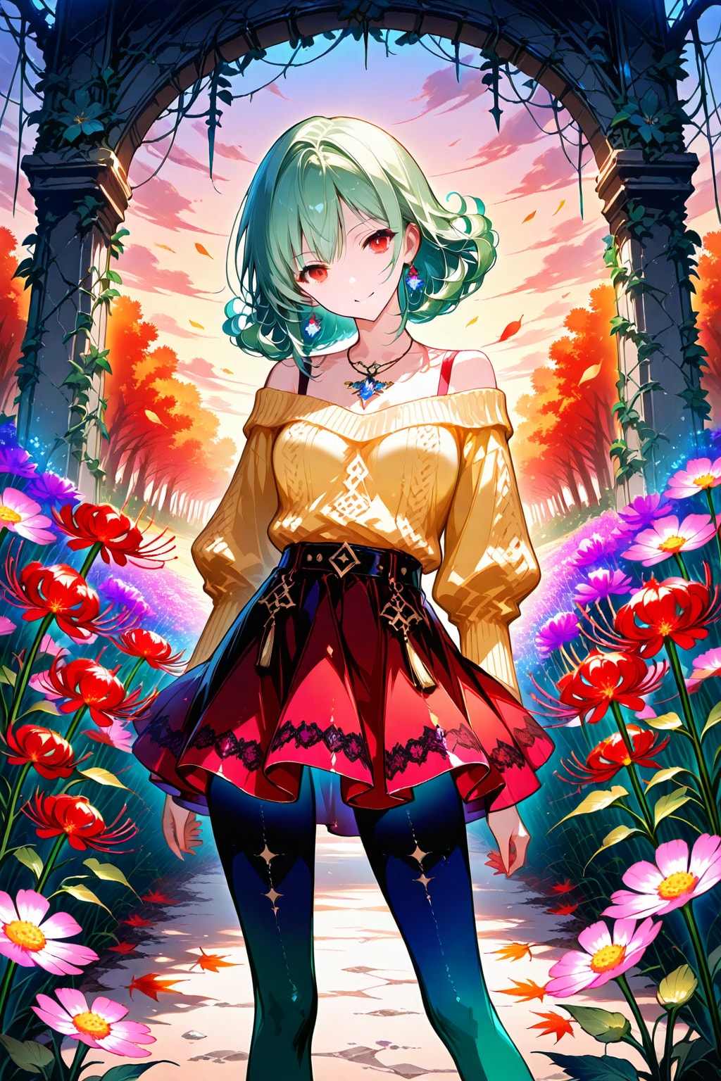 花と夕日と緑髪ちゃん