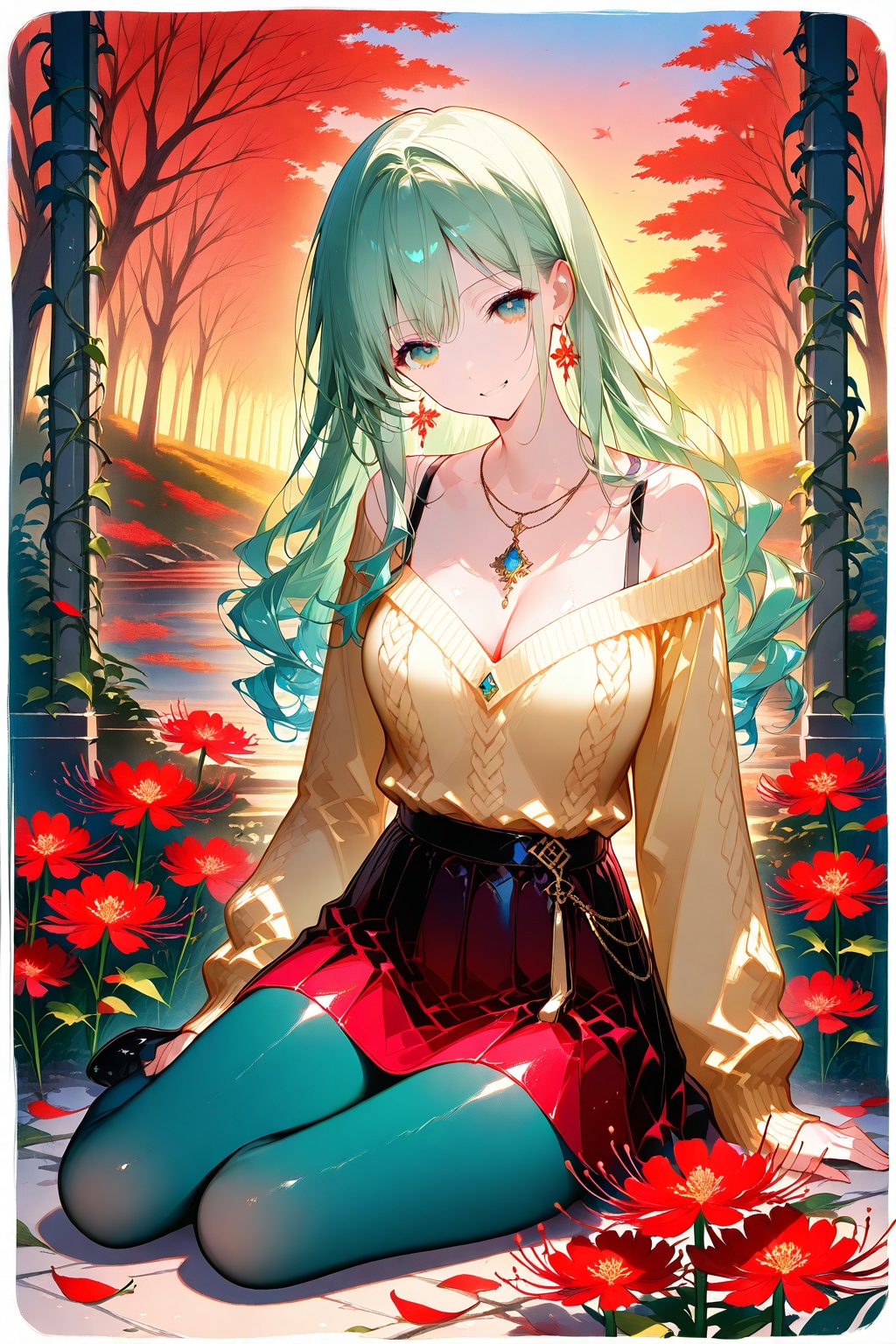 花と夕日と緑髪ちゃん