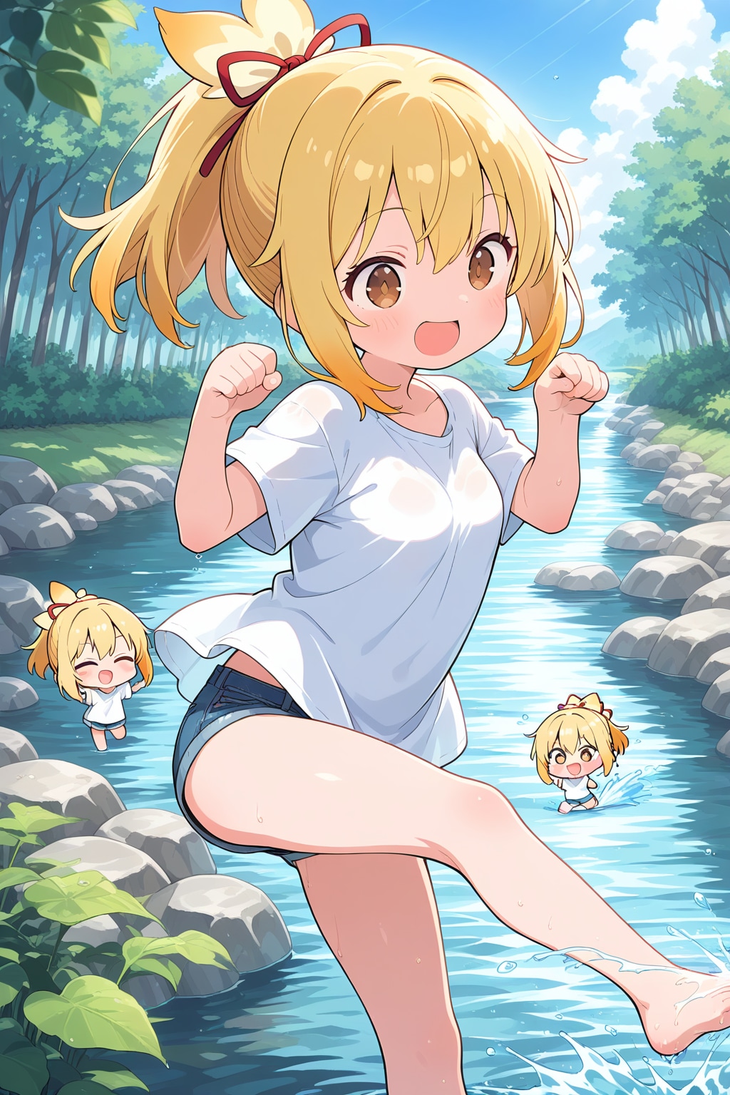 水遊びをするちび金ポニテちゃんwithちっこいの×２