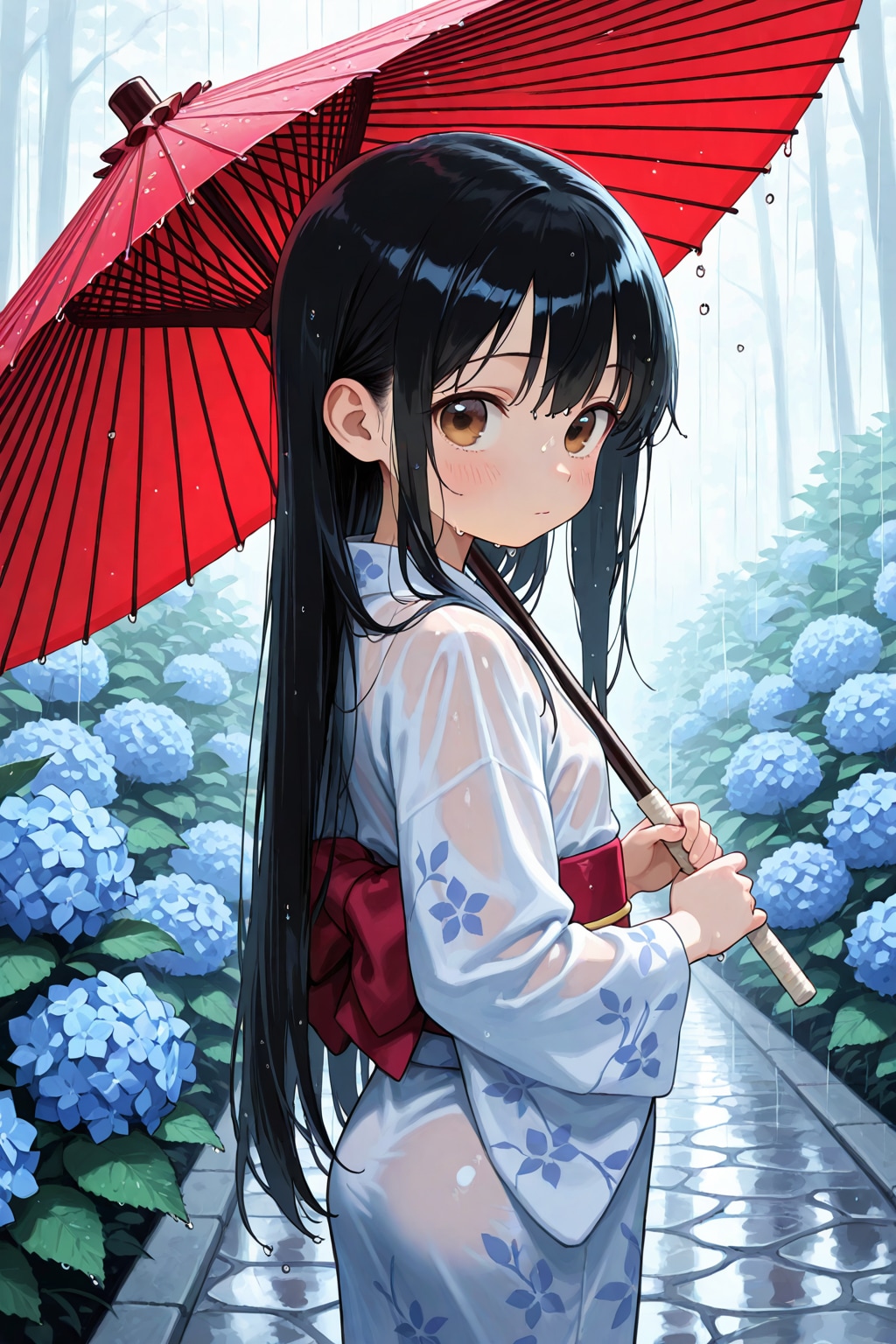 紅傘に滲む梅雨色