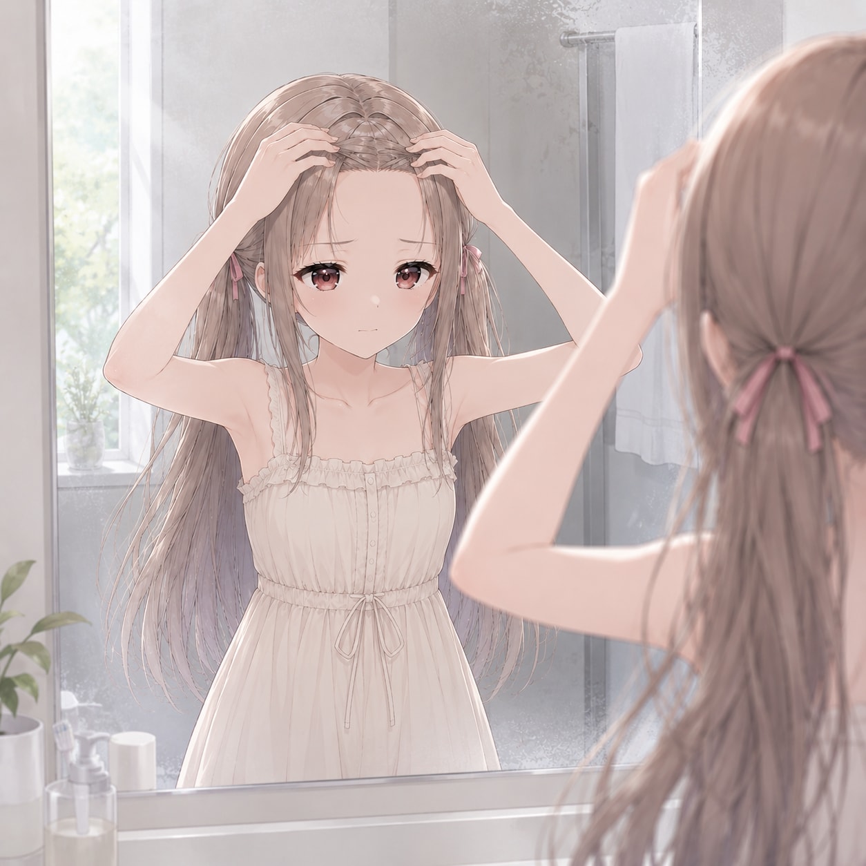 朝、前髪を整えるのに真剣な梢 | の人気AIイラスト・グラビア