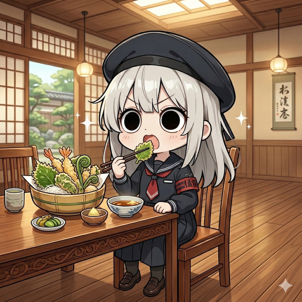 山菜天麩羅を頂くえらいこっちゃ嬢
