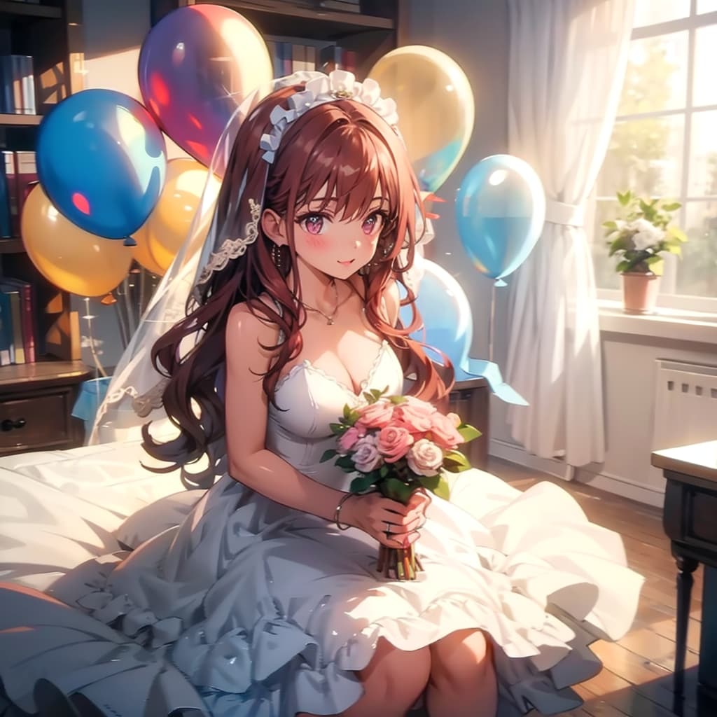 いっぱい色とりどりの風船を持つ赤い髪ロングのウェディングドレス着た美女