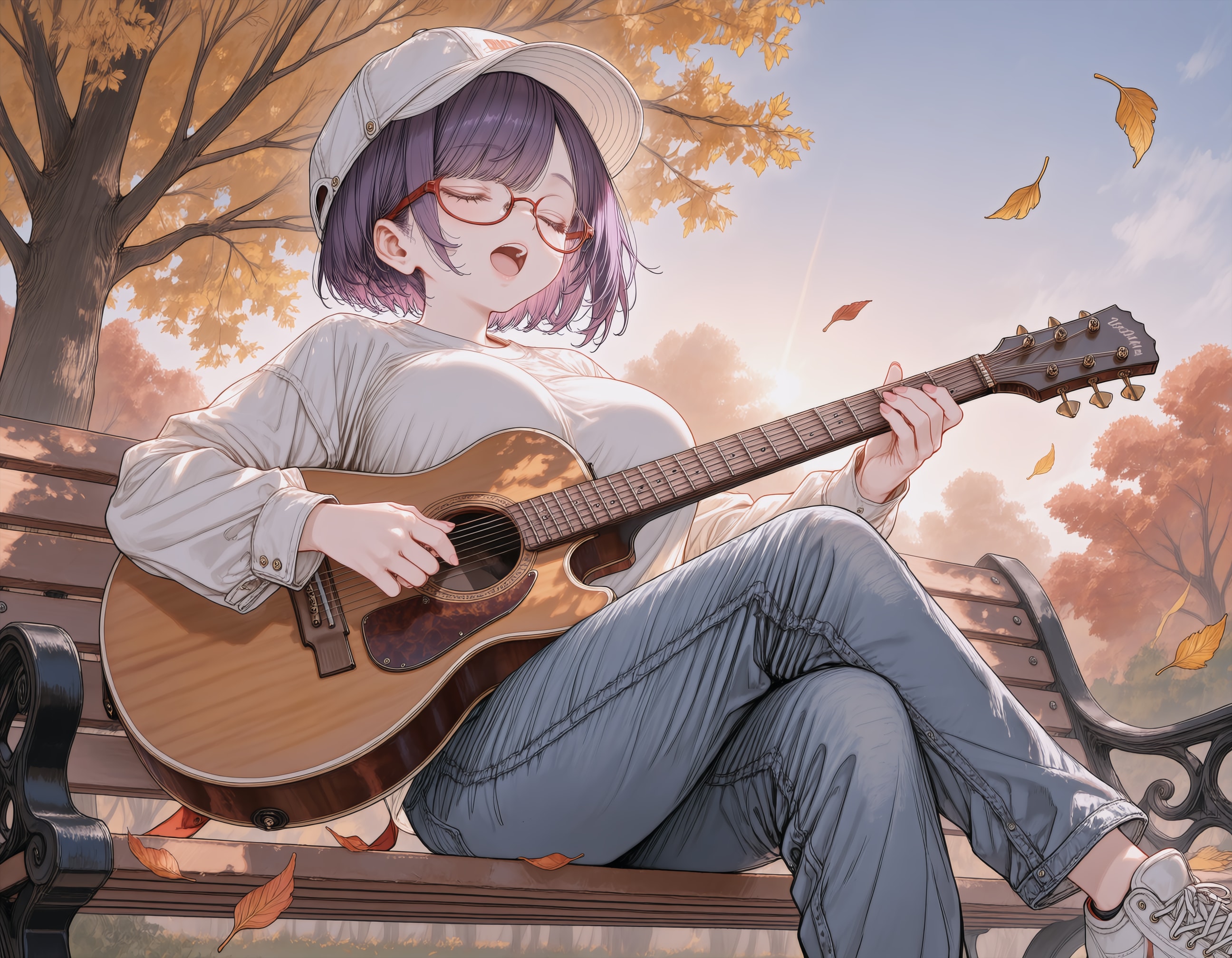 秋の夕方の公園でギター練習 | の人気AIイラスト・グラビア