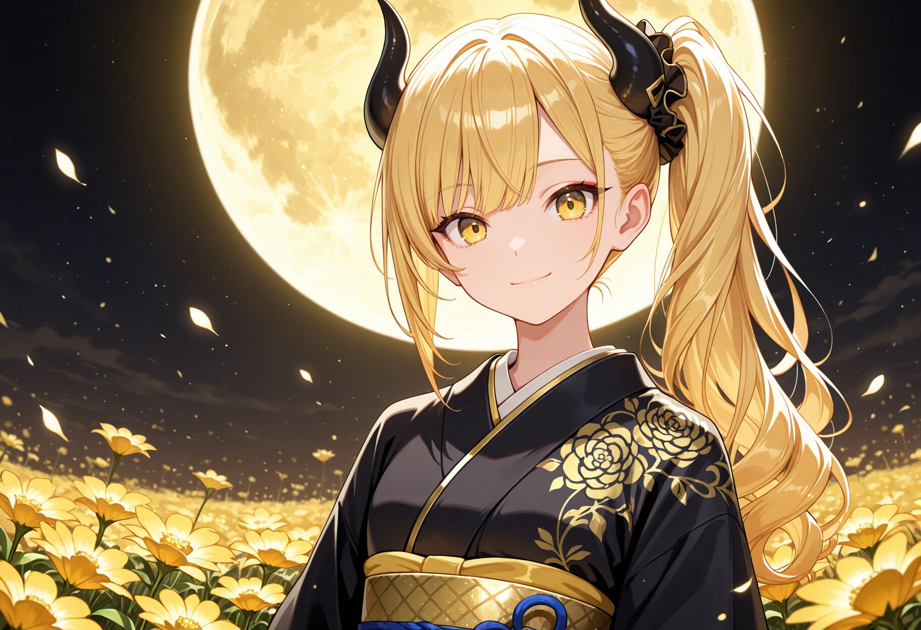 黄金の月と花畑と女鬼高生さん | の人気AIイラスト・グラビア