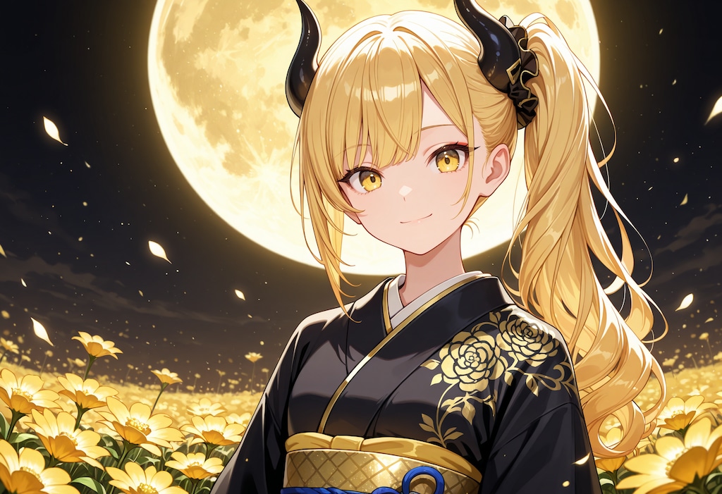 黄金の月と花畑と女鬼高生さん