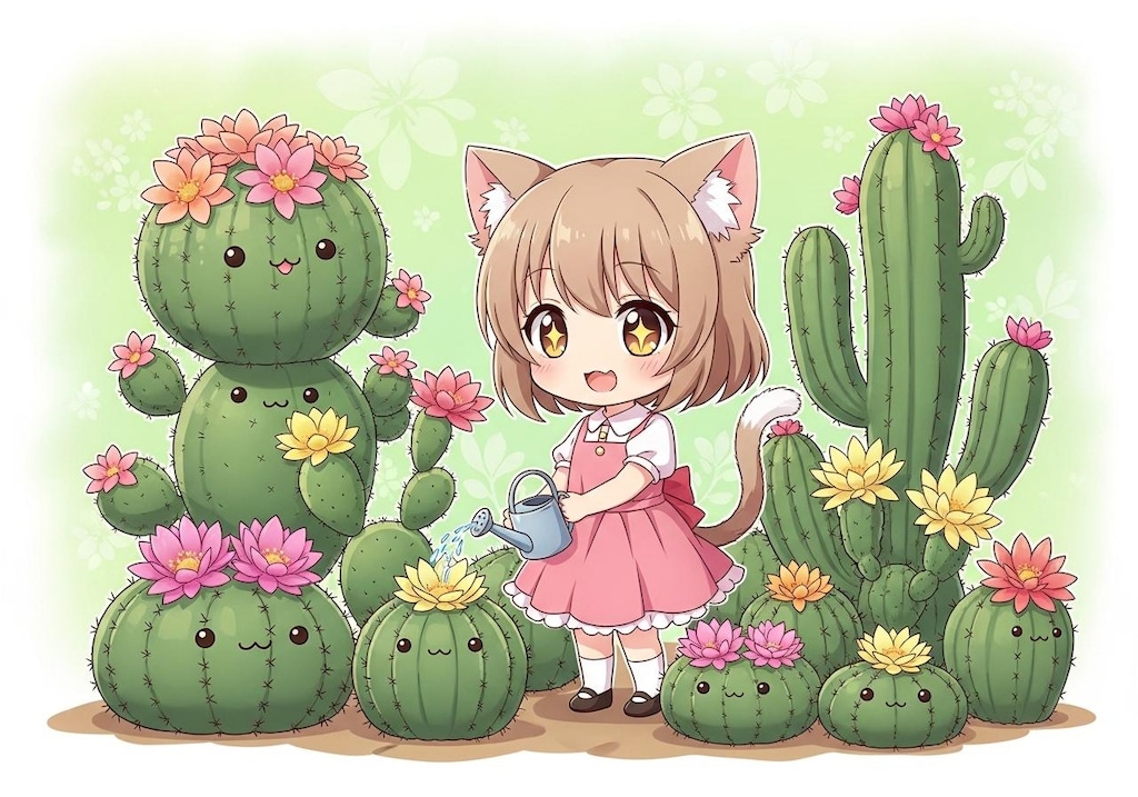 サボテンに水をやる猫耳ちゃん