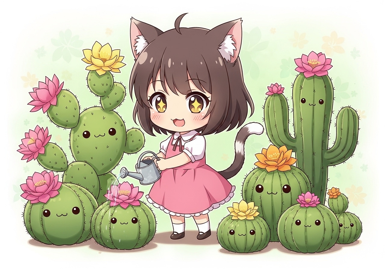 サボテンに水をやる猫耳ちゃん | の人気AIイラスト・グラビア