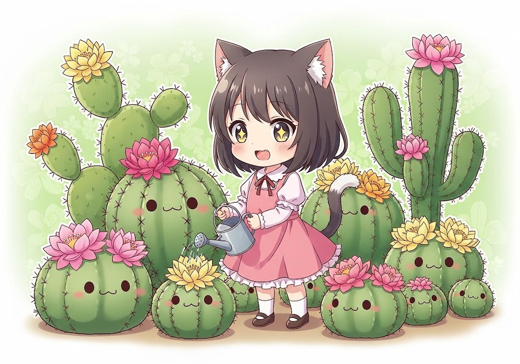 サボテンに水をやる猫耳ちゃん