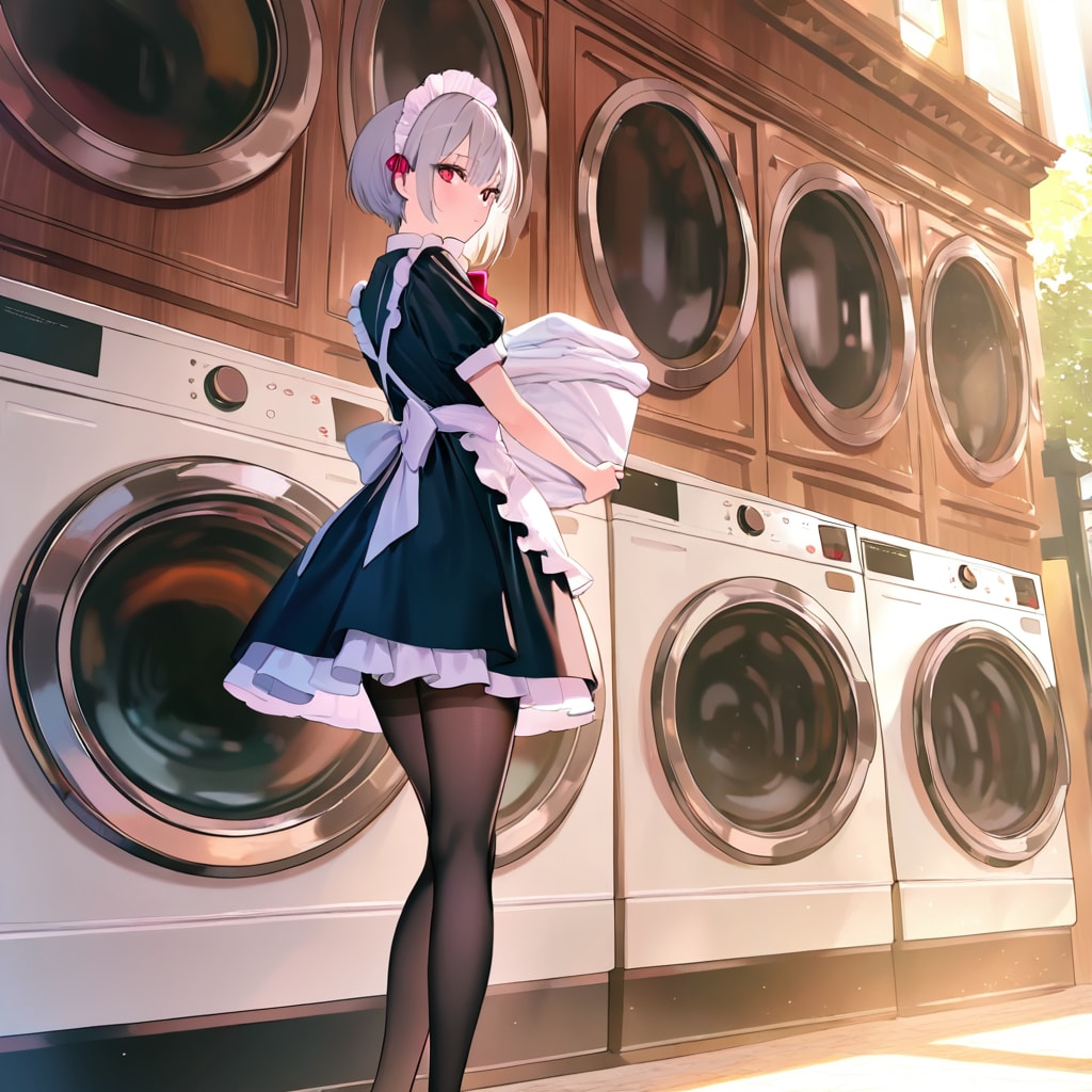 洗濯物を処理するメイドさん
